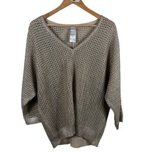Chico's Women's Size 3 XL Tan Metallic Open Weave V-Neck Pullover Comfy Sweater